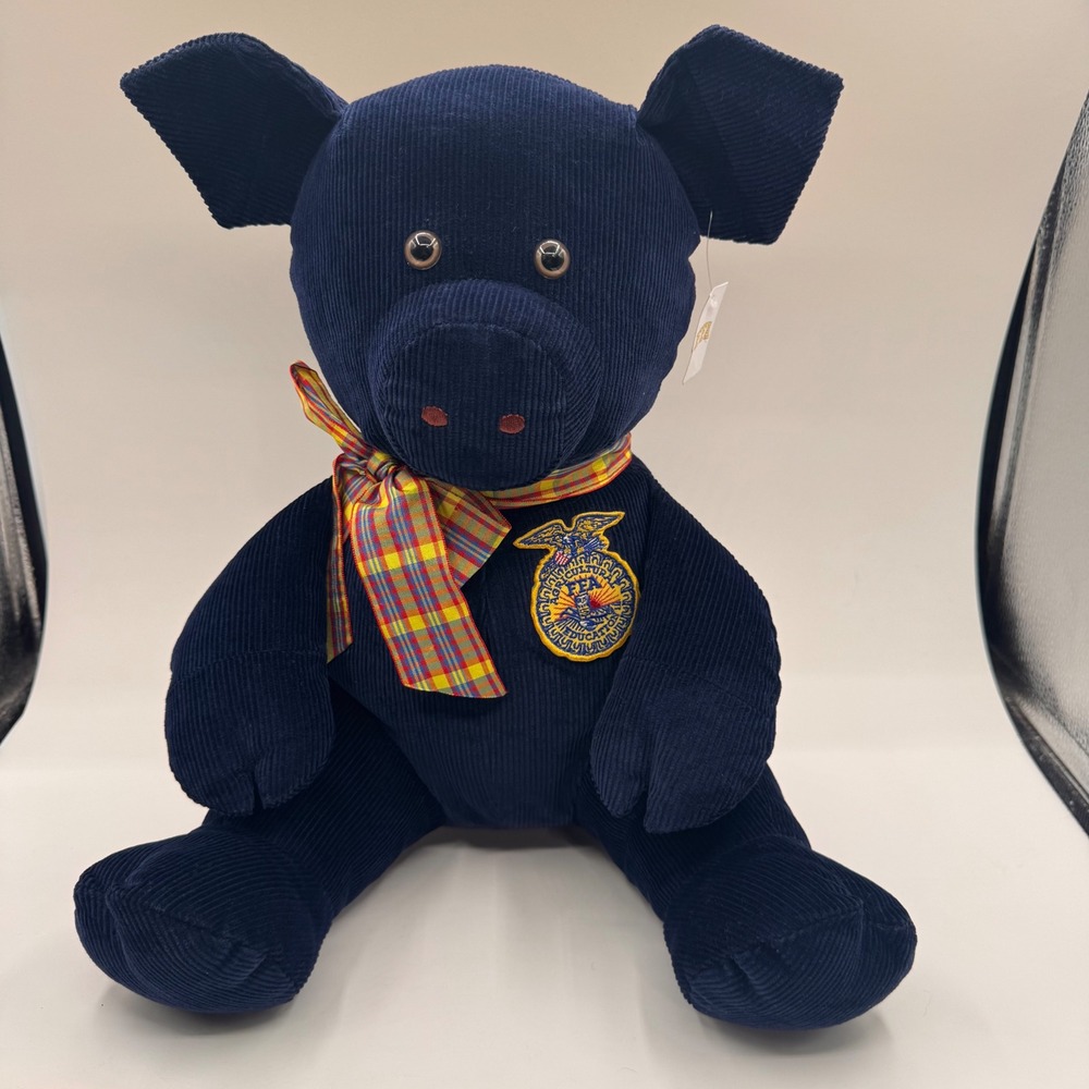 Vintage FFA Navy Blue Corduroy Plush Pig Stuffed Animal Agricultural Patch NWT